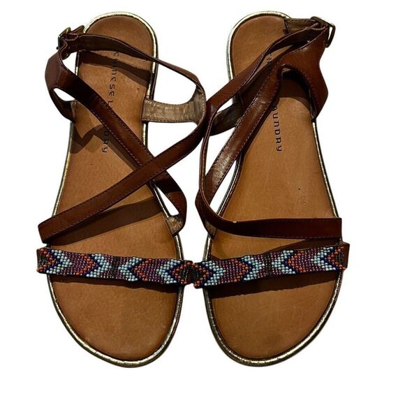 Chinese Laundry Womens Size 8.5 Beaded Toe Sandals Brown Ankle Strap Flats - Picture 1 of 7